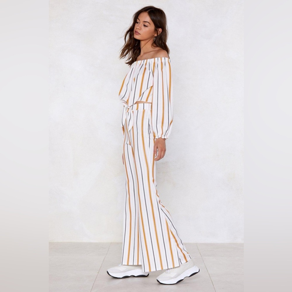 Nasty Gal Off-the-Shoulder Retro Top and Pant Set in Size 4, White with Stripes